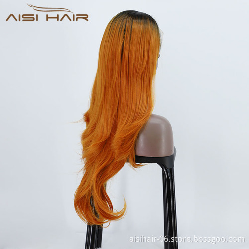 Aisi Hair Wholesale Vendor Body Wave Curly Long Wavy Ombre Orange Lace Frontal Synthetic Hair For Black Women Lace Front Wig
